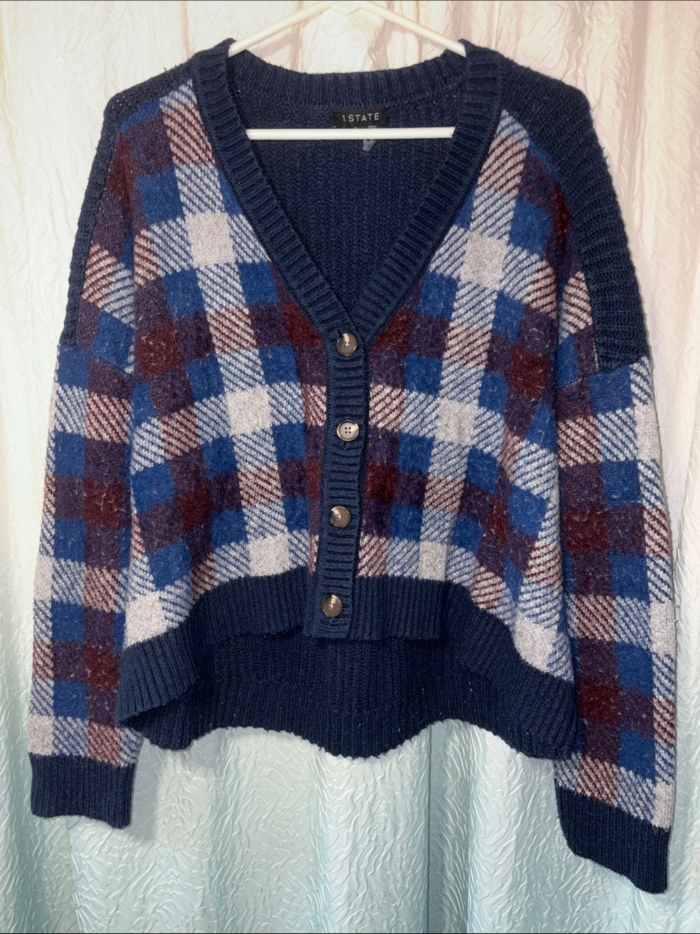 1. State Navy, Blue & Burgundy Plaid V-Neck Button Cardigan
